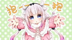 Rule 34 | 10s, 1girl, black hairband, blue eyes, blunt bangs, blush, bow, capelet, child, dragon girl, dragon horns, dragon tail, dress, feixiang c, gradient hair, hair bow, hairband, highres, horns, kanna kamui, kobayashi-san chi no maidragon, long hair, long sleeves, looking at viewer, multicolored hair, outstretched arms, polka dot, polka dot background, shiny skin, silver hair, simple background, solo, tail, translation request, twintails