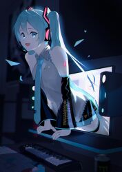 Rule 34 | 1girl, :d, aqua eyes, aqua hair, aqua necktie, black skirt, black sleeves, collared shirt, commentary, detached sleeves, grey shirt, hair ornament, hatsune miku, headphones, highres, instrument, keyboard (instrument), miku day, monitor, necktie, number tattoo, open mouth, peeking out, pleated skirt, potetoneko, shirt, shoulder tattoo, skirt, sleeveless, sleeveless shirt, smile, solo, tattoo, through medium, through screen, tie clip, tongue, triangle, twintails, very long sleeves, vocaloid