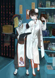 Rule 34 | 1boy, 1girl, absurdres, basket, black footwear, blue skin, bottle, brown hair, bun cover, china dress, chinese clothes, chopsticks, closed mouth, colored skin, dining room, dr. suzu (mili), dress, food, fruit, green hair, grey eyes, hat, highres, holding, holding chopsticks, holding plate, jacket, jar, jiangshi, jiangshi costume, locked arms, looking at viewer, mili (band), ofuda, ofuda on head, open clothes, open jacket, open mouth, orange (fruit), plate, qc (mili), qingdai guanmao, red footwear, sharp teeth, short hair, sleeves past fingers, sleeves past wrists, smile, teeth, user zppp8278, v, vase, white dress, white jacket