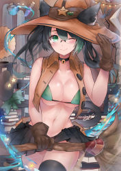 Rule 34 | 1girl, ;), absurdres, animal ears, artist name, bell, bikini, black choker, black hair, black skirt, black thighhighs, blush, book, book stack, breasts, broom, brown gloves, brown jacket, buttons, cat ears, cat girl, cat tail, choker, cleavage, commentary, commission, cowboy shot, cropped jacket, ears through headwear, english commentary, flask, glasses, gloves, gradient hair, green bikini, green eyes, green hair, hair between eyes, hand on headwear, hat, highres, indoors, jacket, jingle bell, large breasts, long hair, looking at viewer, multicolored hair, navel, neck bell, neonbeat, one eye closed, open clothes, open jacket, original, pleated skirt, skirt, smile, solo, star (symbol), swimsuit, tail, tharkis, thighhighs, twintails, witch hat