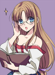 Rule 34 | &gt;:o, 1girl, :o, adjusting eyewear, arc the lad, arc the lad ii, bare shoulders, blue eyes, blush, book, breasts, brown hair, cleavage, commentary request, dress, eyes visible through hair, female focus, glasses, hand up, holding, holding book, izumi kouyou, lieza (arc the lad), long hair, looking at viewer, low-tied long hair, medium breasts, neck, off shoulder, open book, open mouth, parted bangs, purple background, serious, simple background, solo, upper body, very long hair