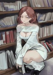 Rule 34 | 1girl, absurdres, alternate costume, bare shoulders, black footwear, blush, book, bookshelf, breasts, brown eyes, brown hair, cleavage, closed mouth, commentary request, contemporary, elden ring, facial tattoo, forehead, highres, holding, holding book, long sleeves, looking at viewer, medium breasts, melina (elden ring), miao jiangyou, one eye closed, shoes, short hair, sleeves past wrists, solo, squatting, sweater, tattoo, thighs, white sweater