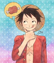 Rule 34 | 1boy, aco peda, black eyes, black hair, boned meat, facial scar, food, gradient background, hand on own chin, hat, imagining, long sleeves, looking up, male focus, meat, monkey d. luffy, one piece, open clothes, open shirt, pectoral cleavage, pectorals, red shirt, scar, scar on cheek, scar on face, shirt, short hair, solo, straw hat, thought bubble, toned, toned male, tongue, tongue out, upper body