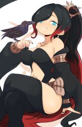 Rule 34 | 1girl, bare shoulders, belt, bird, black hair, blue eyes, breasts, cleavage, clothing cutout, collarbone, crow, crow (gravity daze), fingernails, gradient hair, gravity daze, hair ornament, hairpin, highres, hip vent, jellcaps, large breasts, long hair, long sleeves, looking at viewer, midriff, multicolored hair, nail polish, navel, ponytail, red hair, sitting, smile, solo, stomach, stomach cutout, strapless, two-tone hair, vambraces, very long hair, wide hips