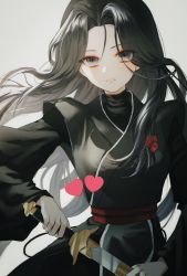 Rule 34 | 1girl, absurdres, bad id, bad twitter id, black hair, closed mouth, commission, expressionless, grey background, highres, long hair, long sleeves, return of the mount hua sect, sheath, sword, ttt cm, turtleneck, undershirt, uniform, unsheathing, upper body, watermark, weapon, yu iseol (return of the mount hua sect)