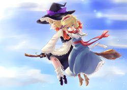Rule 34 | 2girls, alice margatroid, apron, black dress, black gloves, black vest, blonde hair, blue dress, blue eyes, blush, boots, braid, broom, broom riding, capelet, commentary request, day, dress, flying, full body, gloves, hair ribbon, hairband, hand on another&#039;s shoulder, hat, hat ribbon, highres, kirisame marisa, leaning on person, lolita hairband, long hair, long sleeves, medium hair, multiple girls, open mouth, purple ribbon, red scarf, ribbon, scarf, single braid, smile, snow, sparkle, touhou, vest, waist apron, white apron, white capelet, winter, witch, witch hat, yellow eyes