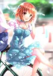 Rule 34 | 1boy, 1girl, :d, bicycle, bow, breasts, brown eyes, brown hair, cleavage, frills, hair bow, hataraku maou-sama!, highres, large breasts, long legs, multiple riders, open mouth, sasaki chiho, short hair, smile, solo focus, swordsouls