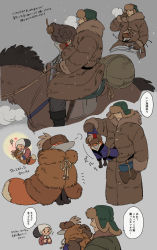 Rule 34 | 1boy, 1girl, animal, animal hug, animal in clothes, bag, bird, bird mask, black eyes, breath, brown coat, brown gloves, brown headwear, chibi, cloak, clothed animal, coat, cold, covered mouth, eyeliner, falconry, flying sweatdrops, fox, frown, fur cloak, fur coat, fur hat, gloves, green headwear, hand up, hat, hat feather, hat over one eye, headdress, heart, highres, holding, holding animal, holding reins, horseback riding, index fingers together, kenkon no washi, li sakura, long sleeves, looking away, makeup, mask, mouth mask, one eye covered, peeking out, profile, red headwear, reins, riding, robe, sideways glance, simple background, snowing, standing