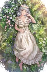 Rule 34 | 1girl, absurdres, arm up, barefoot, braid, breasts, cleavage, collarbone, commentary, dress, flower, frilled dress, frills, from above, green eyes, hair flower, hair ornament, head wreath, highres, kamishiro rita, large breasts, light blush, long dress, lying, medium hair, nail polish, nature, on grass, open mouth, outdoors, prism project, purple nails, rose, sakamuke, silver hair, smile, solo, v-neck, virtual youtuber, white dress