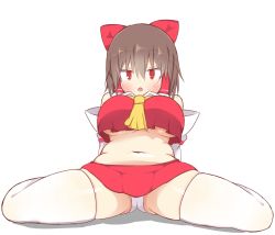 Rule 34 | 1girl, akabeco, bow, breasts, brown hair, cookie (touhou), full body, hair bow, hair ribbon, hakurei reimu, highres, large breasts, looking at viewer, navel, no bra, open mouth, panties, parted lips, plump, red bow, red eyes, red skirt, reu (cookie), ribbon, short hair, sitting, skirt, solo, spread legs, thick thighs, thighhighs, thighs, touhou, underboob, underwear, wariza, white panties, white thighhighs