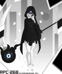 Rule 34 | 1girl, abstract, absurdres, black hoodie, blood, camera, colored skin, female focus, floating, full body, highres, holding, holding photo, holding scythe, hood, hoodie, monster girl, object head, personification, photo (object), rizuproject, rpc-268, rpc authority, scythe, smile, solo, solo focus, standing, torn clothes, white skin