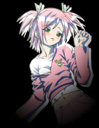 Rule 34 | 00s, 1girl, :o, black background, blush, crop top, dutch angle, flat chest, gambler club, green eyes, hair ribbon, head tilt, jacket, looking at viewer, mahou sensei negima!, midriff, navel, off shoulder, open mouth, outstretched arm, pants, pink hair, ribbon, sasaki makie, shadow, shirt, short hair, short twintails, simple background, single vertical stripe, solo, track jacket, track pants, track suit, twintails, two side up, unzipped, upper body, zipper