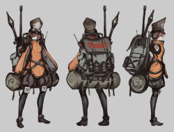 Rule 34 | 1girl, backpack, bag, black footwear, black pants, boots, brown eyes, character sheet, eyepatch, goggles, goggles on head, grey headwear, jacket, looking to the side, mahou arms, official art, one eye covered, orange jacket, pants, pants tucked in, piro (mahou arms), puffy pants, short hair, softmode
