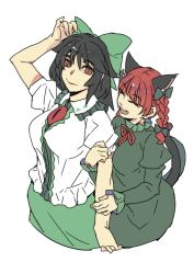 Rule 34 | 1dorokko, 2girls, animal ear fluff, animal ears, arm up, black hair, blunt bangs, bow, braid, breasts, bright pupils, cat ears, cat tail, closed eyes, closed mouth, cowboy shot, cropped legs, dress, extra ears, frills, green bow, green dress, green skirt, hair bow, holding another&#039;s arm, juliet sleeves, kaenbyou rin, large breasts, long hair, long sleeves, looking at another, medium breasts, multiple girls, multiple tails, neck ribbon, nekomata, open mouth, puffy short sleeves, puffy sleeves, red eyes, red hair, red ribbon, reiuji utsuho, ribbon, short sleeves, simple background, skirt, smile, tail, teeth, touhou, twin braids, twintails, two tails, upper teeth only, white background, white pupils