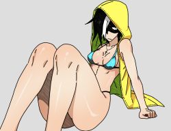 Rule 34 | 1girl, barefoot, bikini, black hair, black hood, blue bikini, breasts, cross, cross necklace, frown, hair over one eye, hood, hoodie, jewelry, kamezaemon, multicolored hair, necklace, open clothes, open hoodie, original, shaded face, simple background, sitting, sleeveless, sleeveless hoodie, small breasts, solo, swimsuit, two-tone hair, white hair