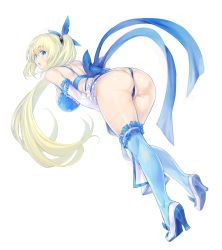 Rule 34 | 1girl, ass, back, bare shoulders, blonde hair, blue bow, blue bra, blue ribbon, blue socks, bow, bra, breasts, bug, butterfly, cosplay, detached sleeves, elbow gloves, flower, frills, full body, gloves, green eyes, hair between eyes, hair ornament, hair ribbon, high heels, highres, insect, kiyama satoshi, kneehighs, lace, lace-trimmed bra, lace trim, large breasts, lingerie senshi papillon rose, long hair, looking at viewer, mirai akari, mirai akari project, no panties, open mouth, papillon lily, papillon lily (cosplay), ponytail, ribbon, rose, sagging breasts, shiny skin, simple background, socks, solo, thigh strap, thighs, underwear, virtual youtuber, white background