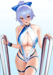 Rule 34 | 1girl, absurdres, blue bow, blue one-piece swimsuit, bow, breasts, center opening, cleavage, fate/grand order, fate (series), grey hair, hair between eyes, hair bow, highleg, highleg swimsuit, highres, kurozawa yui, large breasts, long bangs, long hair, looking at viewer, navel, one-piece swimsuit, open mouth, ponytail, pool ladder, red eyes, signature, solo, swimsuit, thigh strap, tomoe gozen (fate), tomoe gozen (swimsuit saber) (fate), turtleneck one-piece swimsuit, two-tone swimsuit, wet, white one-piece swimsuit
