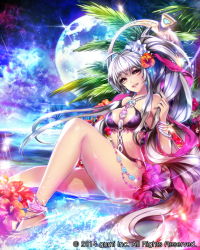 Rule 34 | 1girl, anklet, bikini, blush, breasts, cleavage, eu (euspia), flower, hair flower, hair ornament, high ponytail, jewelry, large breasts, long hair, looking at viewer, maboroshi juuhime, moon, parted lips, silver hair, sitting, smile, solo, swimsuit, teeth, yellow eyes
