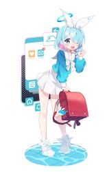 Rule 34 | 1girl, absurdres, arona (blue archive), backpack, bag, blue archive, blue eyes, blue hair, blue halo, braid, choker, colored inner hair, full body, hair over one eye, halo, highres, long sleeves, looking at viewer, mearyo, multicolored hair, pink hair, pleated skirt, puffy long sleeves, puffy sleeves, randoseru, shoes, short hair, simple background, single braid, skirt, solo, white background, white choker, white footwear, white skirt