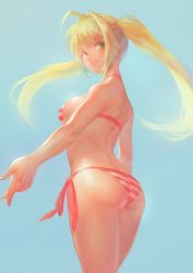 Rule 34 | 1girl, ahoge, arm at side, ass, bikini, blonde hair, breasts, cowboy shot, fate/grand order, fate (series), green eyes, hair intakes, halterneck, highres, long hair, looking at viewer, looking back, medium breasts, nero claudius (fate), nero claudius (fate) (all), nero claudius (swimsuit caster) (fate), otsukemono, outstretched arm, side-tie bikini bottom, sideboob, simple background, solo, striped bikini, striped clothes, swimsuit