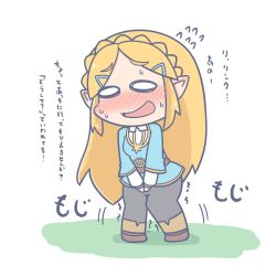 Rule 34 | 1girl, belt, black pants, blonde hair, blue shirt, blush, braid, brown footwear, chibi, embarrassed, female focus, flying sweatdrops, french braid, full body, grass, hair ornament, hairclip, have to pee, japanese text, jpeg artifacts, knees together feet apart, long hair, long sleeves, nintendo, nose blush, o o, ooyama bokuchi, open mouth, own hands together, pants, pigeon-toed, princess zelda, shirt, shoes, simple background, smile, solo, standing, sweat, text focus, the legend of zelda, the legend of zelda: breath of the wild, translation request, trembling, v arms, white background