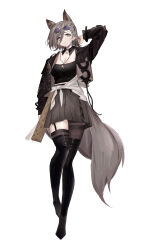 Rule 34 | 1girl, absurdres, animal ears, arknights, black footwear, black jacket, black shirt, black thighhighs, boots, commentary request, full body, garter straps, grey hair, grey skirt, highres, jacket, jewelry, long sleeves, looking at viewer, miniskirt, open clothes, open jacket, penance (arknights), pendant, shirt, short hair, simple background, skirt, solo, standing, tail, thigh boots, thighhighs, white background, wolf ears, wolf tail, yellow eyes, yuanqi (chriu)