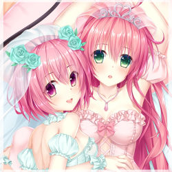 Rule 34 | 2girls, :d, arms up, border, breasts, bridal veil, chestnut mouth, choker, cleavage, collarbone, dakimakura (medium), detached sleeves, diadem, flower, from above, green eyes, green flower, green rose, hair flower, hair ornament, jewelry, lala satalin deviluke, long hair, looking at viewer, lying, medium breasts, medium hair, momo velia deviluke, multiple girls, necklace, on back, on stomach, open mouth, pink eyes, pink gemstone, pink hair, pink sleeves, rose, short sleeves, siblings, sisters, smile, strapless, summer-d (dodojune), to love-ru, upper body, veil, very long hair, white border, white choker, white sleeves