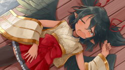 Rule 34 | 1girl, artist request, black hair, black thighhighs, black wings, blush, bow, brown eyes, detached sleeves, feathered wings, game cg, hair between eyes, looking at viewer, monster musume no iru nichijou, monster musume no iru nichijou online, official art, on floor, one eye closed, open mouth, pointy ears, red bow, red skirt, shizuka (monster musume), short hair, short twintails, side-tie thighhighs, skirt, sleepy, solo, thighhighs, twintails, wide sleeves, wings, zettai ryouiki