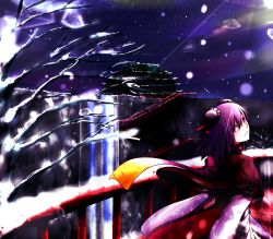 Rule 34 | 1girl, architecture, bandages, bridge, bun cover, chinese clothes, double bun, east asian architecture, female focus, highres, ibaraki kasen, itocoh, night, pink eyes, pink hair, scarf, short hair, skirt, snow, solo, tabard, touhou, water, waterfall, winter