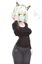 Rule 34 | 1girl, animal ear fluff, animal ears, arknights, black collar, black pants, black shirt, breasts, casual, collar, green eyes, green hair, hand up, highres, inniyik, kal&#039;tsit (arknights), looking at viewer, mask, medium breasts, mouth mask, pants, shirt, simple background, solo, surgical mask, sweatpants, white background