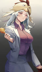 Rule 34 | 1girl, absurdres, bird, breasts, chicken, chicken hat, collared shirt, cy9, food, highres, holding, holding food, large breasts, long hair, office lady, original, pencil skirt, pink eyes, shirt, simple background, skirt, solo, standing, white hair