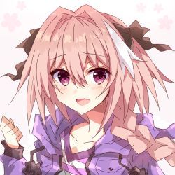 Rule 34 | 1boy, :d, animal hood, astolfo (fate), astolfo (memories at trifas) (fate), black bow, blush, bow, braid, clenched hand, collarbone, commentary request, eyelashes, fang, fate/apocrypha, fate (series), floral background, hair between eyes, hair bow, hair intakes, hair over shoulder, hand up, hood, hood down, hooded jacket, jacket, long hair, long sleeves, looking at viewer, male focus, multicolored hair, official alternate costume, open mouth, pink background, pink hair, pom pom (clothes), purple eyes, purple jacket, purple shirt, rabbit hood, raised eyebrows, risei jouhatsushita ponco, shirt, simple background, single braid, skin fang, smile, solo, streaked hair, striped clothes, striped shirt, trap, two-tone hair, upper body, v-neck, white hair