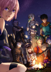 Rule 34 | 4boys, 4girls, :d, ^ ^, abs, anger vein, arash (fate), armor, assassin (fate/zero), bare shoulders, beads, bedivere (fate), blush, breasts, campfire, closed eyes, dark-skinned female, dark skin, drinking, closed eyes, fate/grand order, fate (series), female assassin (fate/zero), full armor, hairband, hassan of serenity (fate), hassan of the cursed arm (fate), hat, highres, looking at another, looking at viewer, looking away, mash kyrielight, mask, medium breasts, multiple boys, multiple girls, night, night sky, open mouth, prayer beads, short hair, sideboob, sitting, sky, smile, star (sky), starry sky, tawara touta (fate), vambraces, xuangzang sanzang (fate), yuu+1