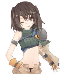 Rule 34 | 1girl, :p, ;p, brown eyes, brown hair, cosplay, final fantasy, final fantasy vii, headband, kantai collection, looking at viewer, midriff, navel, one eye closed, orqz, sendai (kancolle), short hair, simple background, sleeveless, sleeveless turtleneck, smile, solo, tongue, tongue out, turtleneck, two side up, yuffie kisaragi, yuffie kisaragi (cosplay)