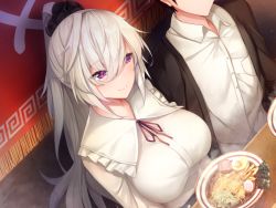 Rule 34 | 1girl, azarashi soft, blush, breasts, closed mouth, eve (maid-san no iru kurashi), food, from above, game cg, hair between eyes, high ponytail, indoors, large breasts, light blush, long hair, looking at another, looking to the side, maid-san no iru kurashi, noodles, pink eyes, plate, sitting, smile, steam, table, upper body, white hair, yaman