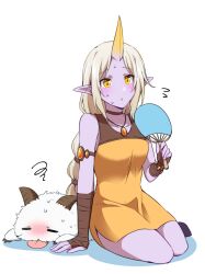 Rule 34 | 1girl, :o, bare shoulders, blush, breasts, brown dress, brown gloves, choker, colored skin, dress, fingerless gloves, gloves, hand fan, highres, holding, horns, jewelry, league of legends, matsu mokuba, necklace, orange dress, pink skin, pointy ears, poro (league of legends), simple background, single horn, sitting, small breasts, soraka (league of legends), sweat, tongue, tongue out, two-tone dress, white background, yellow eyes