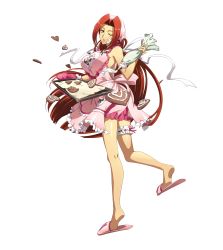 Rule 34 | 1girl, absurdres, apron, bare legs, breasts, floating hair, full body, hair tubes, highres, holding, langrisser, langrisser iii, large breasts, long hair, looking at viewer, miniskirt, official art, one eye closed, parted lips, pink apron, pink footwear, pink skirt, red hair, ribbon, shiny skin, skirt, slippers, solo, standing, transparent background, varna (langrisser iii), very long hair, white ribbon, yellow eyes