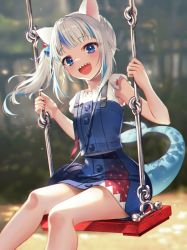 Rule 34 | 1girl, :d, animal ears, blue eyes, blue hair, blue skirt, blush, cat ears, commentary, feet out of frame, fins, fish tail, gawr gura, gawr gura (casual), hands up, hololive, hololive english, kemonomimi mode, kh (kh 1128), looking at viewer, multicolored hair, official alternate costume, open mouth, shark tail, sharp teeth, shirt, side ponytail, sitting, skirt, smile, solo, streaked hair, swing, tail, teeth, virtual youtuber, white hair, white shirt