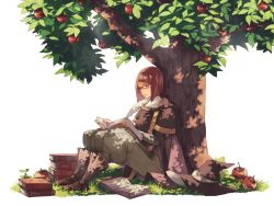 Rule 34 | 1girl, against tree, ai-wa, apple, apple tree, blunt bangs, book, boots, brown footwear, cape, expressionless, fire emblem, fire emblem awakening, food, fruit, full body, glasses, grass, hat, unworn hat, unworn headwear, highres, legs together, miriel (fire emblem), nintendo, pants, quill, short hair, sitting, solo, straight hair, tree, turtleneck, white background, witch hat, writing
