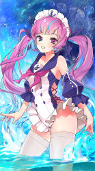 Rule 34 | 1girl, absurdres, anchor symbol, azur lane, bad id, bad pixiv id, bare shoulders, blue hair, breasts, colored inner hair, d:, highres, hololive, in water, long hair, looking at viewer, maid headdress, medium breasts, minato aqua, multicolored hair, one-piece swimsuit, open mouth, parted lips, purple eyes, purple hair, solo, swimsuit, tate yukimi, thighhighs, twintails, two-tone hair, virtual youtuber, wading, white thighhighs