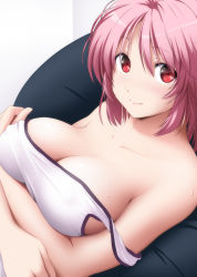 Rule 34 | 1girl, blush, breast hold, breasts, collarbone, commentary request, eyes visible through hair, hair between eyes, highres, large breasts, looking at viewer, nori tamago, red eyes, saigyouji yuyuko, short hair, smile, solo, strap slip, sweat, tank top, touhou
