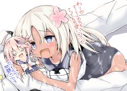 Rule 34 | 10s, 1boy, 1girl, admiral (kancolle), blue eyes, blush, character doll, fang, flower, hair ornament, heart, heart-shaped pupils, hibiscus, i-58 (kancolle), kantai collection, long hair, miyamaru, multiple girls, one-piece swimsuit, open mouth, ro-500 (kancolle), sexually suggestive, short hair, smile, swimsuit, symbol-shaped pupils, tan, tanline, translation request, wet