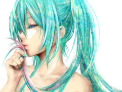 Rule 34 | 1girl, aqua hair, bad id, bad pixiv id, bare shoulders, closed eyes, colored eyelashes, hatsune miku, holding, holding hair, kissing hair, lips, lma, multicolored hair, nail polish, portrait, simple background, solo, vocaloid, white background