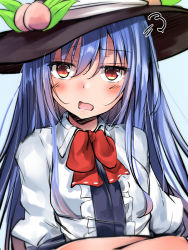 Rule 34 | 1girl, black hat, blue dress, blue hair, blush, crossed arms, dress, food, frills, fruit, hat, hinanawi tenshi, leaf, long hair, looking at viewer, neck ribbon, open mouth, peach, puff of air, puffy sleeves, red eyes, red ribbon, ribbon, shirt, solo, touhou, upper body, very long hair, white shirt, wing collar, yuhito (ablbex)