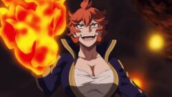 Rule 34 | 1girl, black clover, blue eyes, breasts, cleavage, coat, collarbone, fangs, fire, hand on own hip, large breasts, long sleeves, magic, mereoleona vermillion, open mouth, short hair, smile, solo