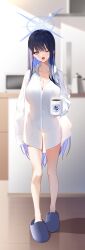 Rule 34 | 1girl, absurdres, alternate costume, blue archive, blue hair, blue halo, blurry, blurry background, breasts, cleavage, collared shirt, colored inner hair, cup, full body, halo, highres, holding, holding cup, inui kentarou, large breasts, long hair, multicolored hair, naked shirt, one eye closed, open mouth, oversized clothes, oversized shirt, purple hair, saori (blue archive), see-through, shirt, sleeves past fingers, sleeves past wrists, slippers, standing, thigh gap