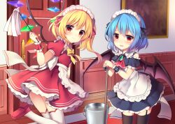 Rule 34 | 2girls, :d, absurdres, alternate costume, apron, ascot, bare shoulders, bat wings, blonde hair, blue hair, blue ribbon, blush, bow, bowtie, brooch, bucket, clothes lift, cowboy shot, crystal, detached sleeves, door, dress, duster, enmaided, flandre scarlet, frilled apron, frilled shirt collar, frills, garter straps, hair between eyes, hair ribbon, highres, holding, holding mop, indoors, jewelry, leg up, looking at viewer, maid, maid apron, maid headdress, mop, multiple girls, one side up, open mouth, petticoat, picture frame, puffy short sleeves, puffy sleeves, red ascot, red bow, red dress, red eyes, red footwear, red ribbon, remilia scarlet, ribbon, ruhika, shoes, short dress, short hair, short sleeves, siblings, sisters, skirt, skirt lift, smile, standing, standing on one leg, thighhighs, thighs, touhou, waist apron, water, white apron, wings, wrist cuffs, yellow bow, yellow bowtie, zettai ryouiki