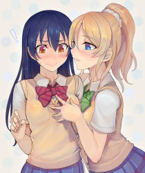 Rule 34 | !, 10s, 2girls, :&gt;, ayase eli, black hair, blonde hair, blue eyes, blush, bow, brown eyes, female focus, hand on another&#039;s chest, long hair, love live!, love live! school idol project, multiple girls, parted lips, ponytail, school uniform, shirt, short sleeves, skirt, sonoda umi, sweater vest, vest, walzrj, yuri