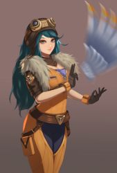 Rule 34 | 1girl, alternate costume, aqua eyes, aqua hair, arc2urus, aviator cap, aviator irelia, belt, black gloves, breasts, cleavage, fur trim, gloves, goggles, goggles on head, grey background, highres, irelia, league of legends, long hair, looking at viewer, medium breasts, pilot suit, pouch, short sleeves, solo, standing, unzipped, very long hair