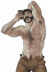 Rule 34 | 1boy, abs, arm hair, armpit hair, armpits, bara, beard, bonjourdraws, brown pants, call of duty, call of duty: modern warfare 2, captain price, chest hair, facial hair, highres, holding, holding phone, large pectorals, looking at phone, male focus, male pubic hair, muscular, muscular male, navel, nipples, open pants, pants, pectorals, phone, pubic hair, short hair, simple background, solo, white background